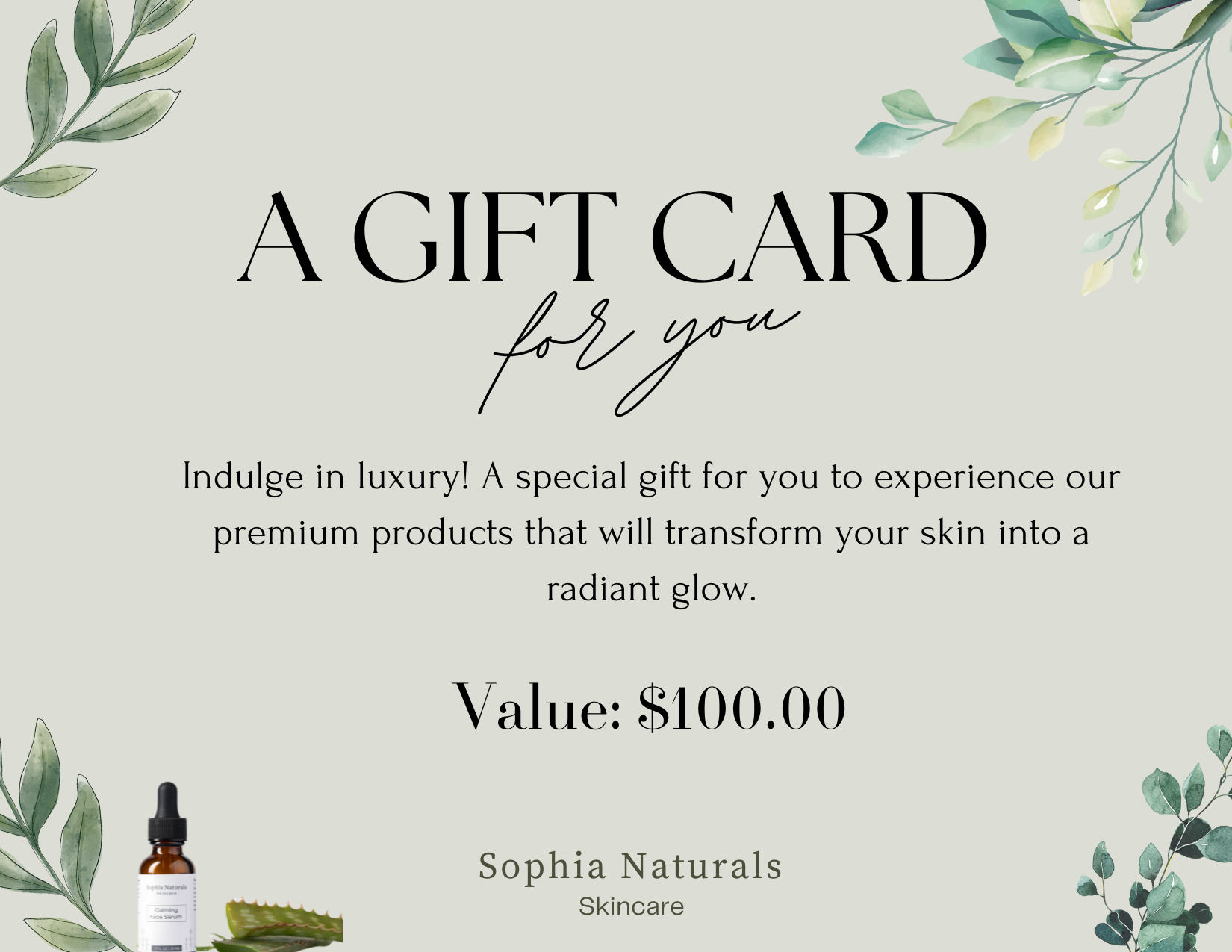 Promotional card for Sophia Naturals skincare with product display and floral design.