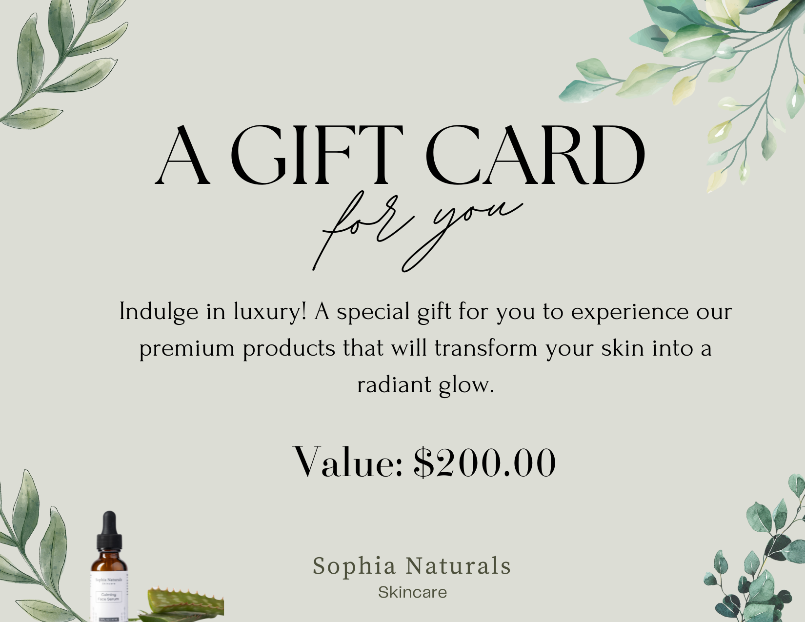 Promotional card for Sophia Naturals skincare with product display and floral design.