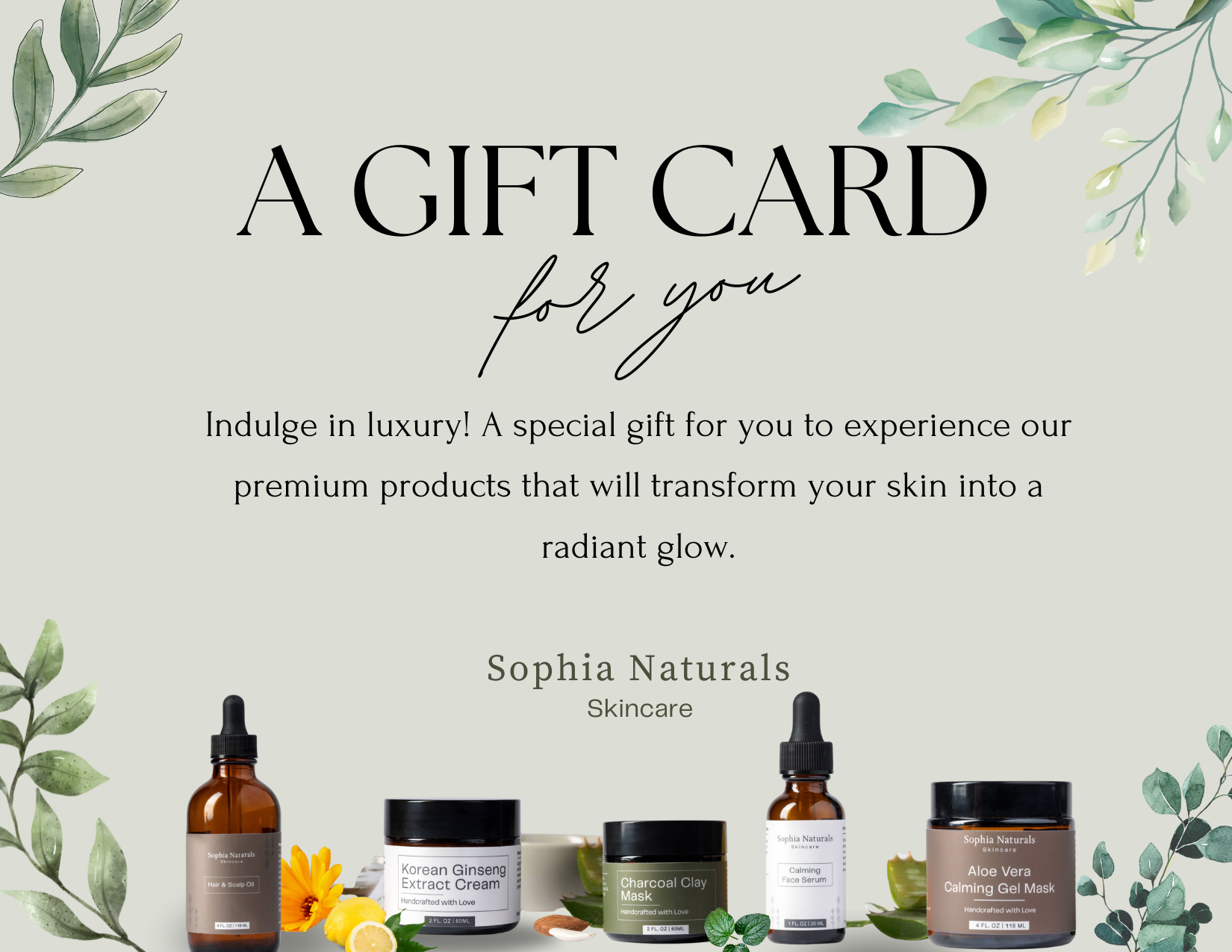 Promotional card for Sophia Naturals skincare with product display and floral design.