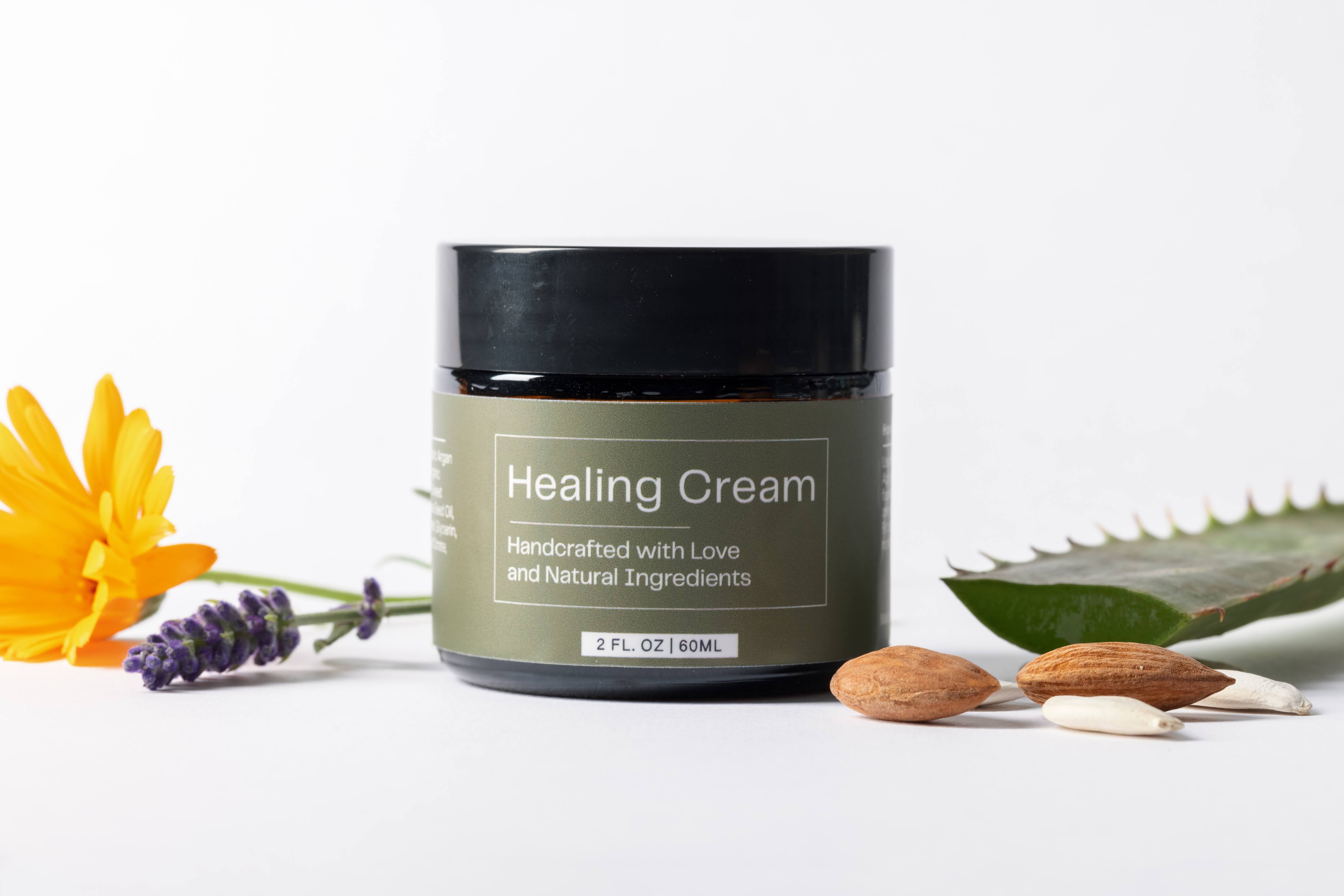 Healing Cream for dry and irritated skin, made with natural ingredients like aloe and almond oil, 2 oz jar handcrafted for sensitive skincare.