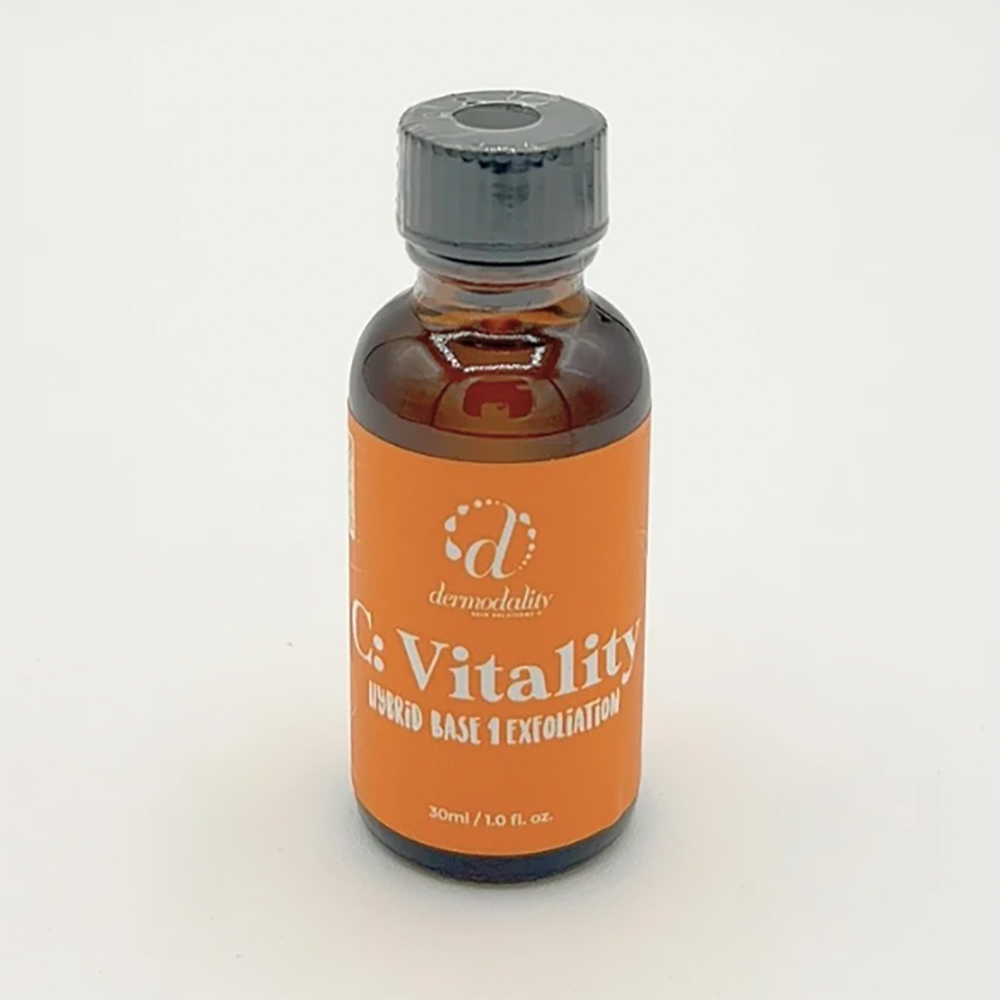Bottle of 'C: Vitality' product with orange label on a white background