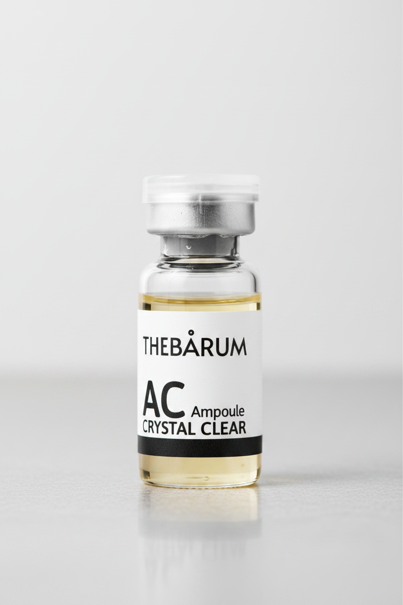A small clear glass ampoule vial with a white label reading 'THEBÆRUM AC Ampoule CRYSTAL CLEAR' and a silver cap, shown on a plain white background.